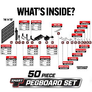 $28 FREE SHIP WMT+ Smart T Garage Storage Pegboard Set | 50 Piece Tool Organizer - Heavy Duty Organizer Wall Mount or Shelving Hooks