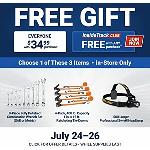 Harbor Freight, 7/24-7/26 FREE gift with any $29.99 purchase, ITC receives free with ANY purchase, 9 piece wrench set, 4 pack tie downs, headlamp