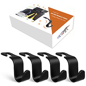 Amooca 4-Pack Car Headrest Hooks –Holds 55lbs Vehicle Storage Organizer for Purses Handbags Groceries Backpack Coats 360° Rotating Black $5.98