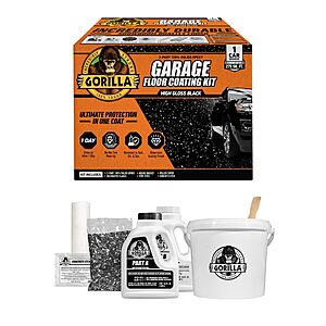 Gorilla Epoxy Garage Floor Coating (7 pc) Kit, 1-Car, Concrete Flooring, 100% Solids, Superior Adhesion, Incredibly Durable High Gloss Black Finish, 275 sq. ft. Coverage, $114.30