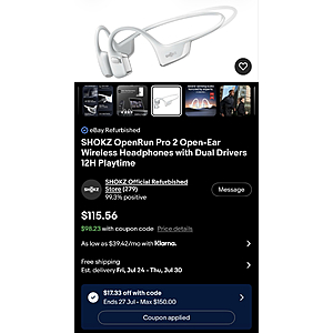 SHOKZ OpenRun Pro 2 REFURB Open-Ear Wireless Headphones with Dual Drivers 12H Playtime $98.23