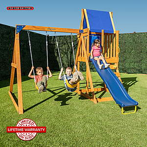 $368 - Sportspower North Peak Wooden Swing with Sling Swings, 6ft Slide, Play Fort, Rock Climber & Sandbox, for Kids 3-8