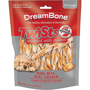 50-Count DreamBone Chicken Wrapped Twist Stick Rawhide-Free Dog Treats $8.10 w/ S&S + Free Shipping w/ Prime or on $35+