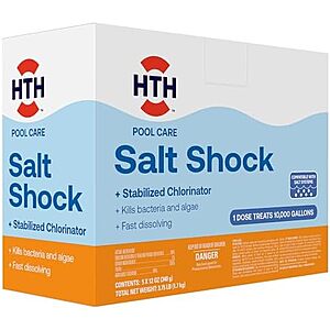 [NEW] $10.78 | HTH 52047 Swimming Pool Care Salt Shock, Stabilized Chlorinator, 1 dose Treats 10000 gallons, 5x12oz Packets at Amazon