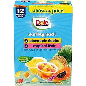 12-Pack 4-Ounce Dole Pineapple Tidbits & Tropical Fruit Bowls in 100% Juice Variety Pack $5.37 w/ S&S + Free Shipping w/ Prime or on $35+