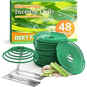 FIRIK Citronella Mosquito Repellant Incense (48-Pack Coils, 12-Pack Slow Release Large Stick) $5.49 + Free Shipping w/ Prime or on $35+