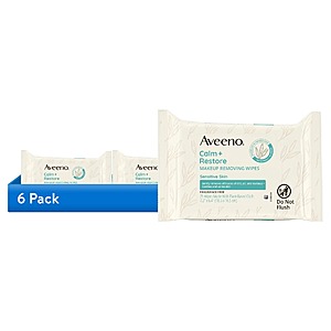 6-Pack 25-Count Aveeno Calm + Restore Unscented Face Wipes $16.89 ($2.81 Each)+ Free S&H w/ Walmart+ or on $35+