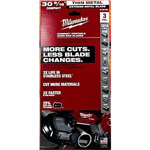 $18.59* | 3-Pack Milwaukee 30-9/16" 12/14 TPI Compact Extreme Thick Metal Band Saw Blade at Amazon