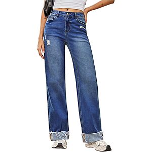 Sidefeel Women's High Waisted Wide Leg Jeans w/ Distressed Folded Hem (Various) $13.99 + Free Shipping w/ Prime or on $35+