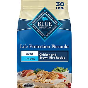 $30.58 FS AMAZON or less S&S Clip QBlue Buffalo Life Protection Formula Chicken & Brown Rice Adult Dry Dog Food, 30lb Bag