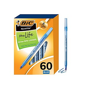60-Pack BIC Round Stic Xtra Life Ballpoint Pen, Blue Ink + Free Shipping w/ Prime $4.68