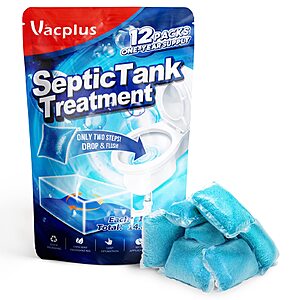 [Select Accounts] 12-Ct Vacplus Septic Tank Dissolvable Treatment Packs $4.27 w/ S&S + Free Shipping w/ Prime or on $35+