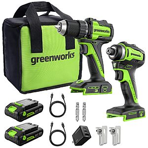 Greenworks 24V Cordless Brushless 400 in-lbs Drill/Driver+1950 in-lbs Impact Driver Combo,High Torque, Lightweight, (2) 2.0Ah USB-C Batteries $85.66