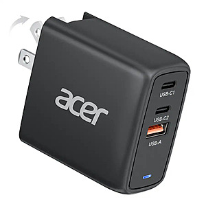 Acer - 67W USB C Charger, 3-Port GaN II Fast Charging Block, Foldable and Portable USB Wall Plug Adapter - Black $12