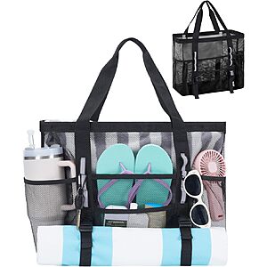 17" WANDF Mesh Beach Bag w/ 40-oz Tumbler Pockets (Black) $6.99 + Free Shipping w/ Prime or on $35+