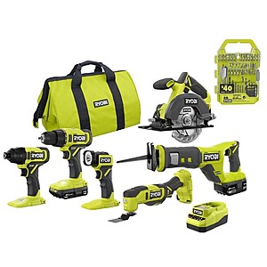 ONE+ 18V Cordless 6-Tool Combo Kit with 1.5 Ah Battery, 4.0 Ah Battery, Charger, and Drill & Impact Drive Kit (40-Piece) $211.97