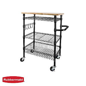 $35.99: Rubbermaid 3-Tier Heavy Duty Black Rolling Utility Cart with Solid Wood Top, 300lb Capacity at Walmart.com