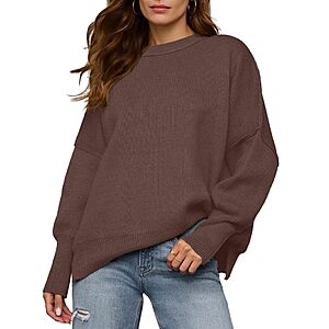 Womens Crewneck Batwing Long Sleeve Sweaters Fall 2025 Oversized Side Slit Ribbed Knit Sweaters Pullover Tops Coffee $9.99
