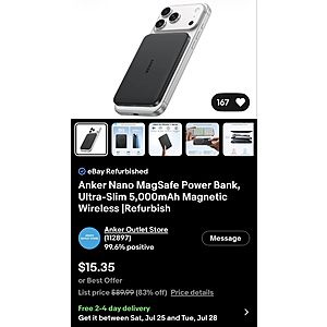 Anker Nano MagSafe Power Bank, Ultra-Slim 5,000mAh Magnetic Wireless |Refurbish $15.35