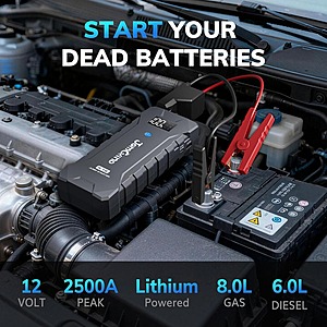 JOMGAND 2500A K15 Jump Starter for Up to 8.0L Gas or 6.0L Diesel Engines, 12V Portable Jump Box with Smart Jumper Cable $23 + Free Shipping w/Prime or $35+