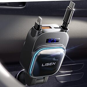 LISEN 96W 4-in-1 Retractable Car Charger w/ USB-C & Lightning Cables, USB-C PD & USB-A Ports $9.89 + Free Shipping w/ Prime or on $35+
