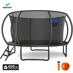 MERACH 14FT Pumpkin Outdoor Trampoline with Safety Enclosure Net, Basketball Hoop & Ladder, Heavy Duty Backyard Trampoline for Kids & Adults $269.99