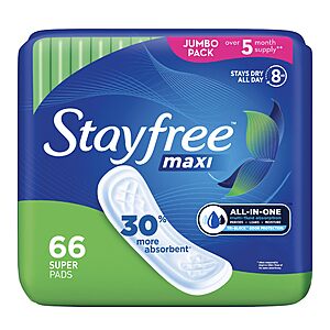 [S&S] Stayfree Maxi Super Long Pads For Women, Wingless, Reliable Protection and Absorbency of Feminine Periods, 66ct $6.99