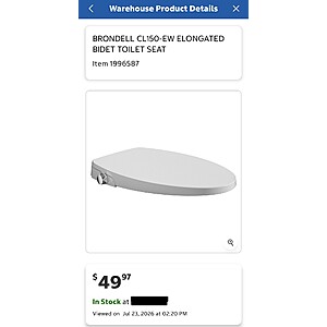 Brondell Swash CL150 Elongated Bidet Toilet Seat $49.97 at Costco B&M YMMV