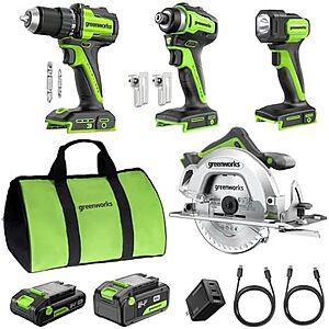 $141.70** | Greenworks 24V 4-Tool Combo Kit w/ 1/2" Drill, 1/4" Impact Driver, 6.5" Circular Saw, 200Lm Flashlight, 4.0Ah & 2.0Ah Batteries & 65W Charger at Amazon