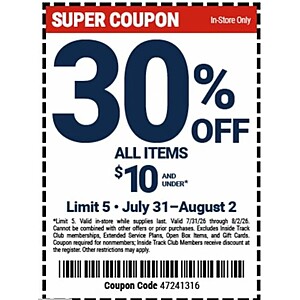 30% off items under $10, ITC saves 30% off items under $20, Limit 5, Jul 31-Aug 2, Harbor Freight