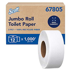 $18.65 - Scott Professional 100% Recycled Fiber High-Capacity Jumbo Roll Toilet Paper, 2-Ply, Non-Perforated (12 Rolls at 1,000' Each, 12,000'/Case)