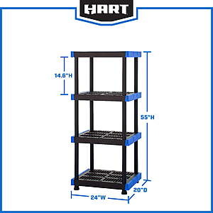 Hart 4-Shelf Plastic Storage Shelf, 24" W x 20" D x 55" H, Holds up to 400 lb Total Capacity, Black and Blue, $21.99, FS WM+, Walmart