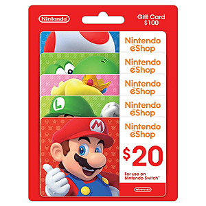 Nintendo $100 Gift Card Multi-Pack, 5 x $20 for $80 Limit 5 and Free Shipping $79.98