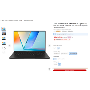 ASUS Vivobook S 16 2.8K OLED AI Laptop @ $849.99 Intel Core Ultra 9 285H, 16GB, 1TB SSD, Neutral Black, S5606MA-DS96, Intel Evo Edition