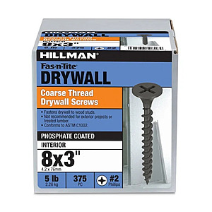 Hillman Fasteners No. 8 x 3 in. Coarse Thread Phillips Drywall Screws, 5 lb Box, $9.59 @Walmart. Free ship on $35+.