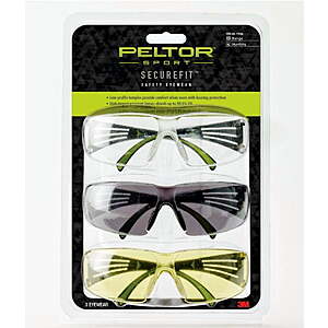 3M Peltor Sport SecureFit Safety Glasses Eyewear, SF400-P3PK-6, 3 Pack: Clear + Amber + Gray Lenses, AF, $6.59 @Walmart. Free ship on $35+.