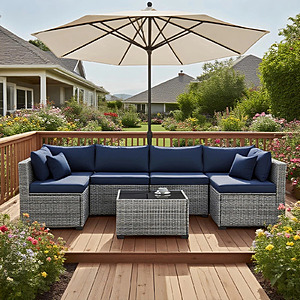 7-Piece MOCHITO Outdoor Rattan Sectional Sofa Patio Furniture Set (Navy Blue) $399.99 + Free Shipping