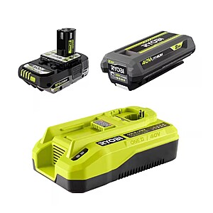 RYOBI ONE+ 18V/40V Starter Kit with (1) 18V 2Ah Battery, (1) 40V 2Ah Battery, and Dual Platform Hyper Charger $89