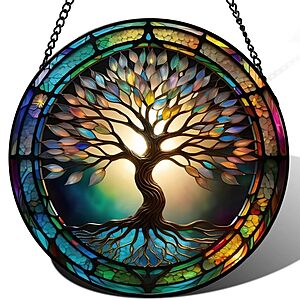7.9in Round Colorful Stained Glass Tree of Life Suncatcher $5.5