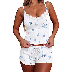 Ekouaer Women's Pajama Sets 2 Piece Sexy Lingerie Sleepwear with Pockets Lightweight Lace Cami Shorts Adjustable Straps Pjs $8.99