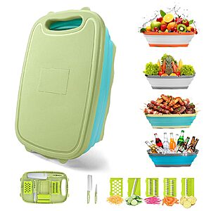 Gintan Camping Cutting Board, 9-in-1 Collapsible Chopping Board with Colander, Kitchen Vegetable Washing Basket (Blue Green) $12.48