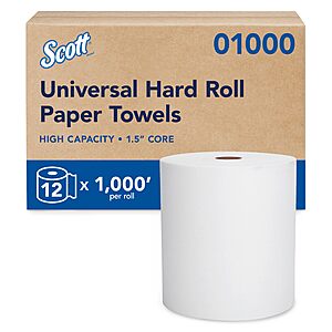 $48.80 Scott High-Capacity White Hard Roll Paper Towels (12 Rolls at 1000' Each, 12,000'/Case) at Amazon