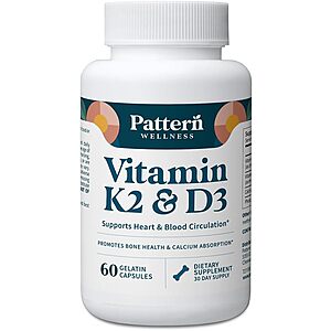 60-Ct Pattern Wellness K2 & D3 Supplement w/ 5000 IU Vitamin D3, 100 mcg MK-7 + Calcium & Phosphorus $14.02 w/ S&S + Free Shipping w/ Prime or orders $35+