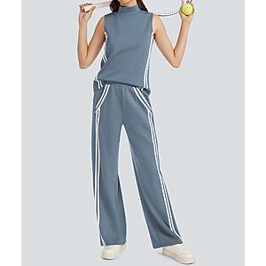Casly Lamiit Lounge Wear for Women 2 Piece Set Travel Outfits Casual Sweat Suit Track Activewear Mock Neck Sleeveless Top Wide Leg Pants Grey Blue L $14.02