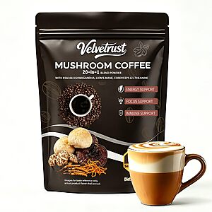 Velvetrust Mushroom Coffee, 16 Mushrooms (Lion’s Mane, Cordyceps, Turkey Tail & More) Mixed With Medium Roast Gourmet Arabica Instant Coffee, 30 Servings $11.99