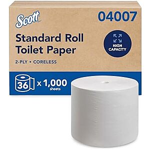 [SnS] $25.78 | 36-Pack 1000-Sheets Scott Professional Scott Essential Coreless High-Capacity Standard Roll Bulk Toilet Paper, 2-Ply, White at Amazon