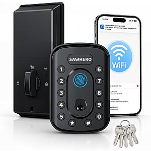 SawHero Keyless Entry Fingerprint & Keypad Deadbolt w/ Built-in WiFi (Matte Black) $49.99 + Free Shipping