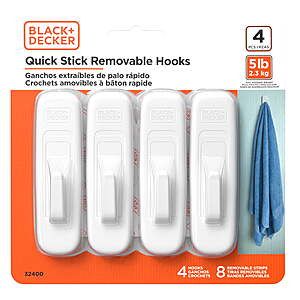 $2.43: (4 Pack)BLACK + DECKER Wall Hooks, Removable, Holds up to 5 lbs, White at Walmart.com
