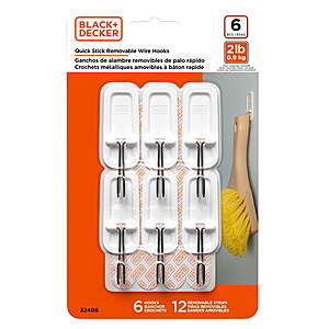 $2.74: (6 Pack)BLACK + DECKER Wall Hooks, Removable, Holds up to 2 lbs, White at Walmart.com