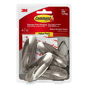 (4 Hooks)Command Medium Designer Hooks, Brushed Nickel $9.28 + Free S&H w/ Walmart+ or $35+
